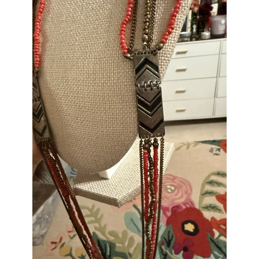 Boho Multi Strand Red Seed Bead & Brass Chain Chevron Statement Necklace 28